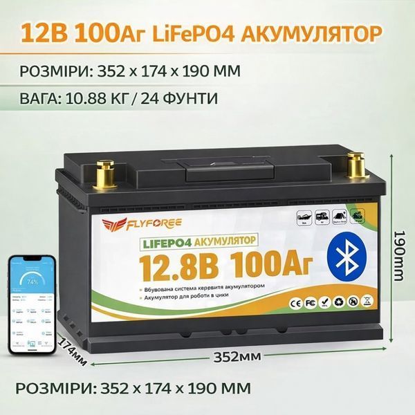LiFePO4 100Ah 12V 1280Wh Акумулятор FLYFOREE з Bluetooth та BMS для систем резервного та автономного живлення будинку 17113 фото