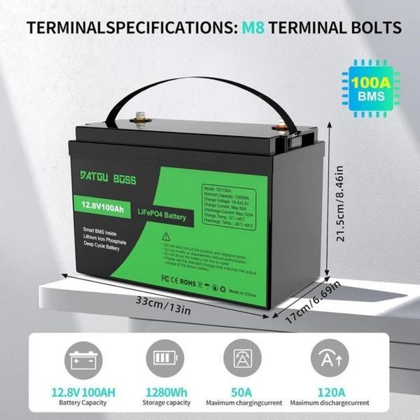 LiFePO4 12V 100Ah Акумулятор Datouboss, BMS, 1280Wh 17848-01 фото
