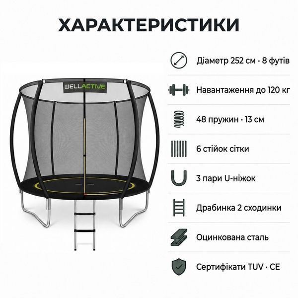 Батут WellActive 252 см до 120 кг з внутрішньою сіткою та драбинкою стрибковий Чорний 18310-01 фото