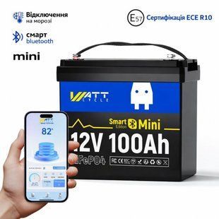 LiFePO4 12V/100Ah Акумулятор WattCycle Mini з Bluetooth Smart BMS для резервного живлення 17961-01 фото