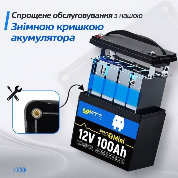 LiFePO4 12V/100Ah Акумулятор WattCycle Mini з Bluetooth Smart BMS для резервного живлення 17961-01 фото