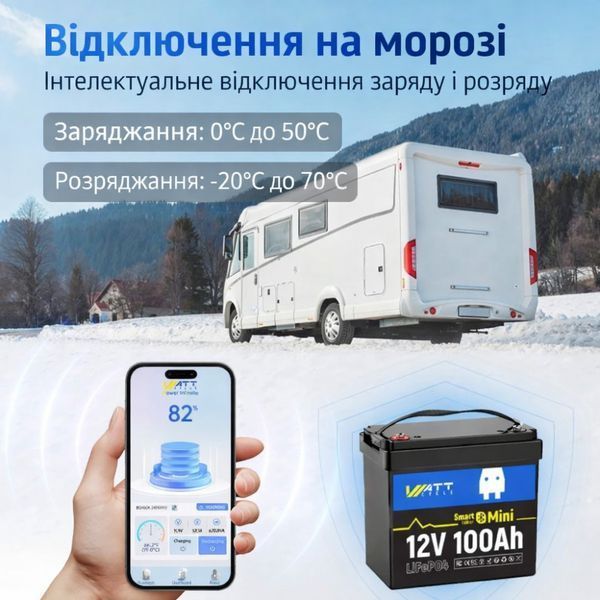 LiFePO4 12V/100Ah Акумулятор WattCycle Mini з Bluetooth Smart BMS для резервного живлення 17961-01 фото